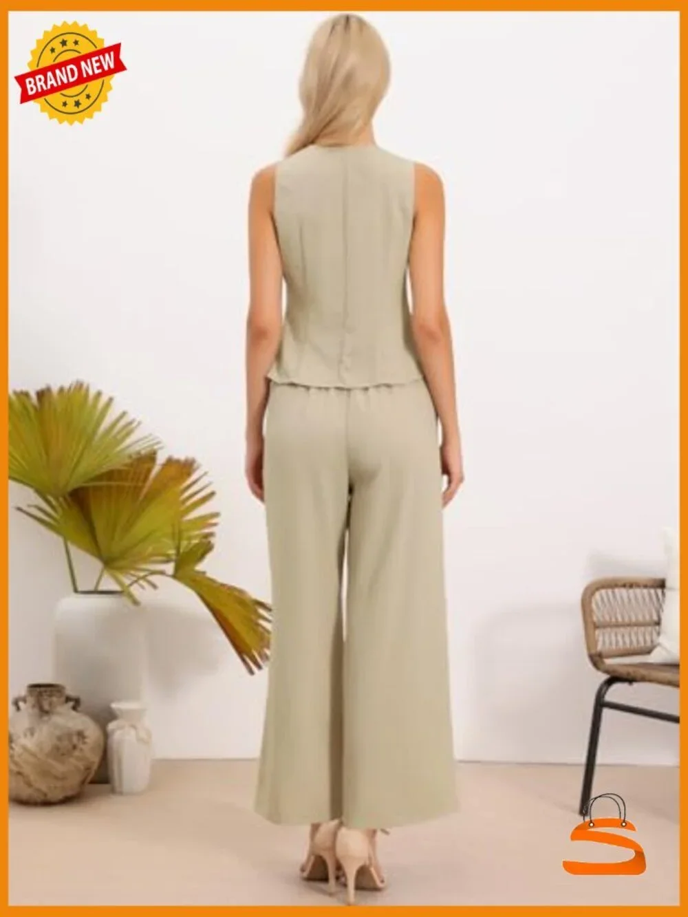 Linen Vest and Wide Leg Pants 2 Piece Outfit Set